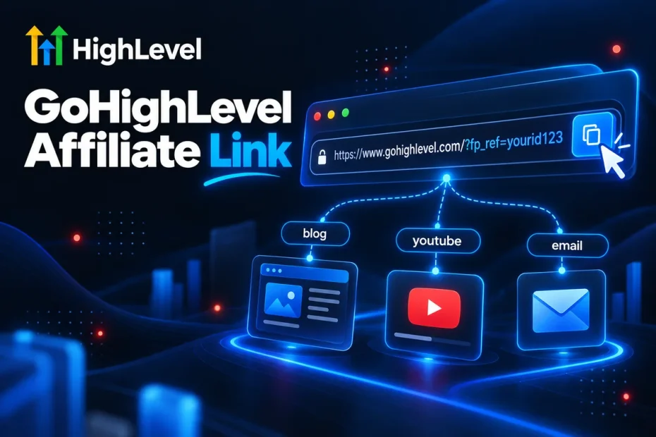 GoHighLevel affiliate link with fp_ref tracking flowing to blog, YouTube and email