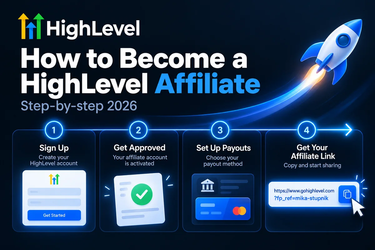 How to become a HighLevel affiliate in four steps: sign up, approval, payouts, affiliate link